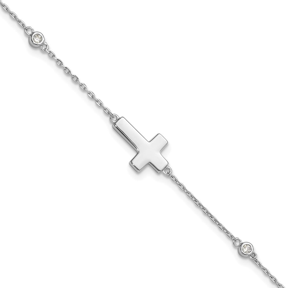 Sterling Silver Rhodium-plated CZ Sideways Cross 7in w/1in ext. Bracelet QG6379-7