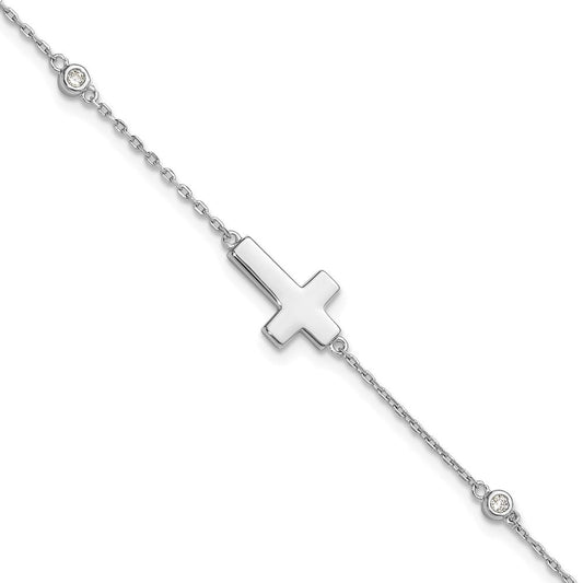 Sterling Silver Rhodium-plated CZ Sideways Cross 7in w/1in ext. Bracelet QG6379-7