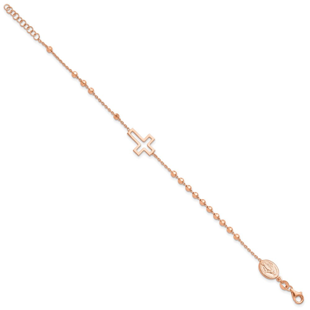 Sterling Silver Rose-tone Rosary Cross 7in w/1in Ext. Bracelet QG6381RP-7