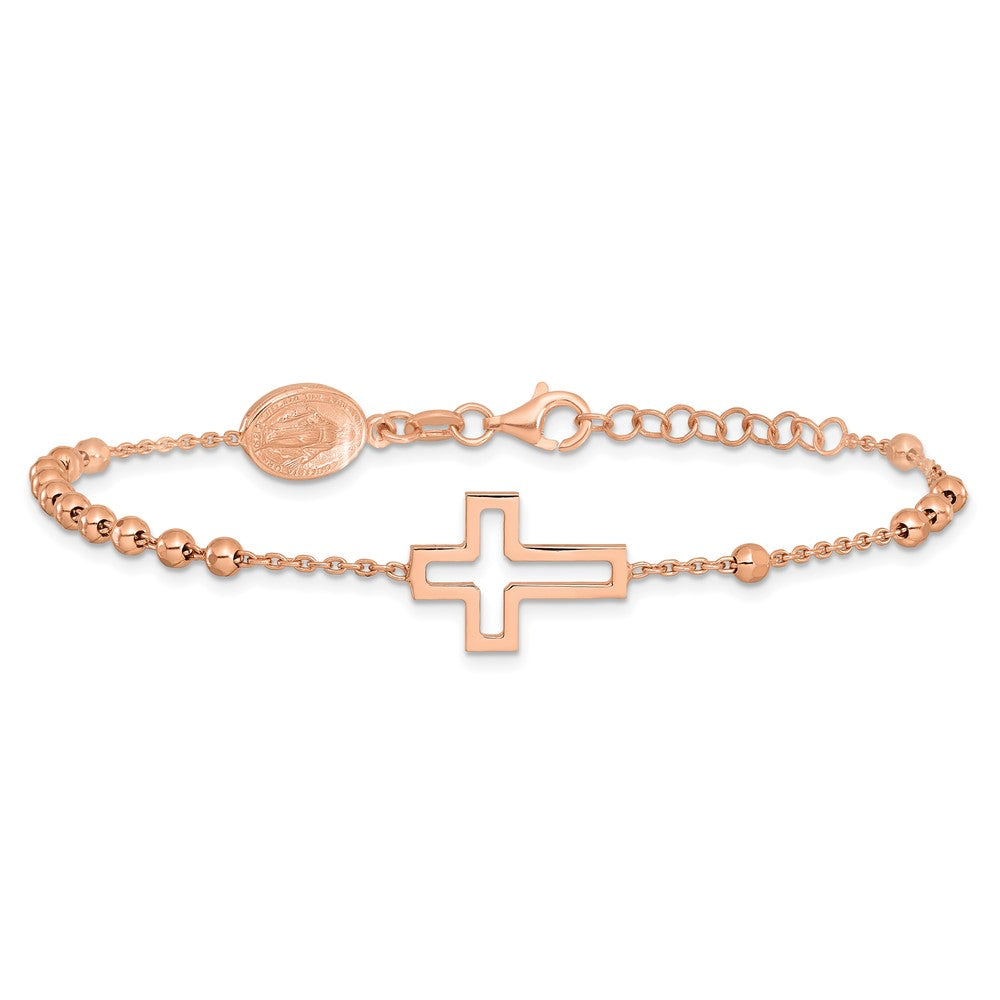 Sterling Silver Rose-tone Rosary Cross 7in w/1in Ext. Bracelet QG6381RP-7