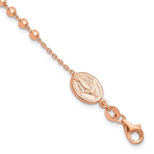 Sterling Silver Rose-tone Rosary Cross 7in w/1in Ext. Bracelet QG6381RP-7