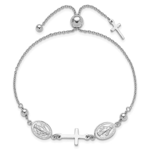 Sterling Silver Rhod-plated Cross with Medals Adjustable Bracelet QG6385