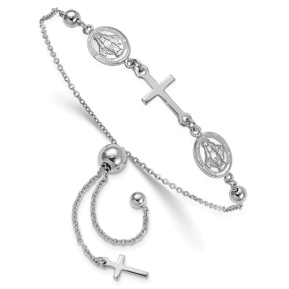 Sterling Silver Rhod-plated Cross with Medals Adjustable Bracelet QG6385