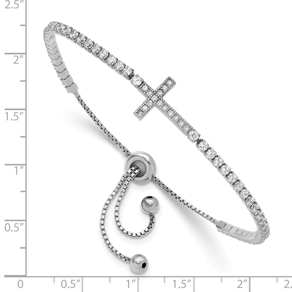 Sterling Silver Rhodium-plated CZ Sideways Cross Adjustable Bracelet QG6388