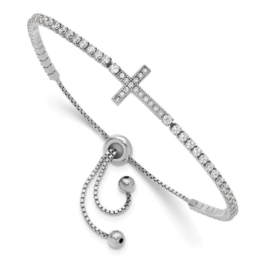 Sterling Silver Rhodium-plated CZ Sideways Cross Adjustable Bracelet QG6388