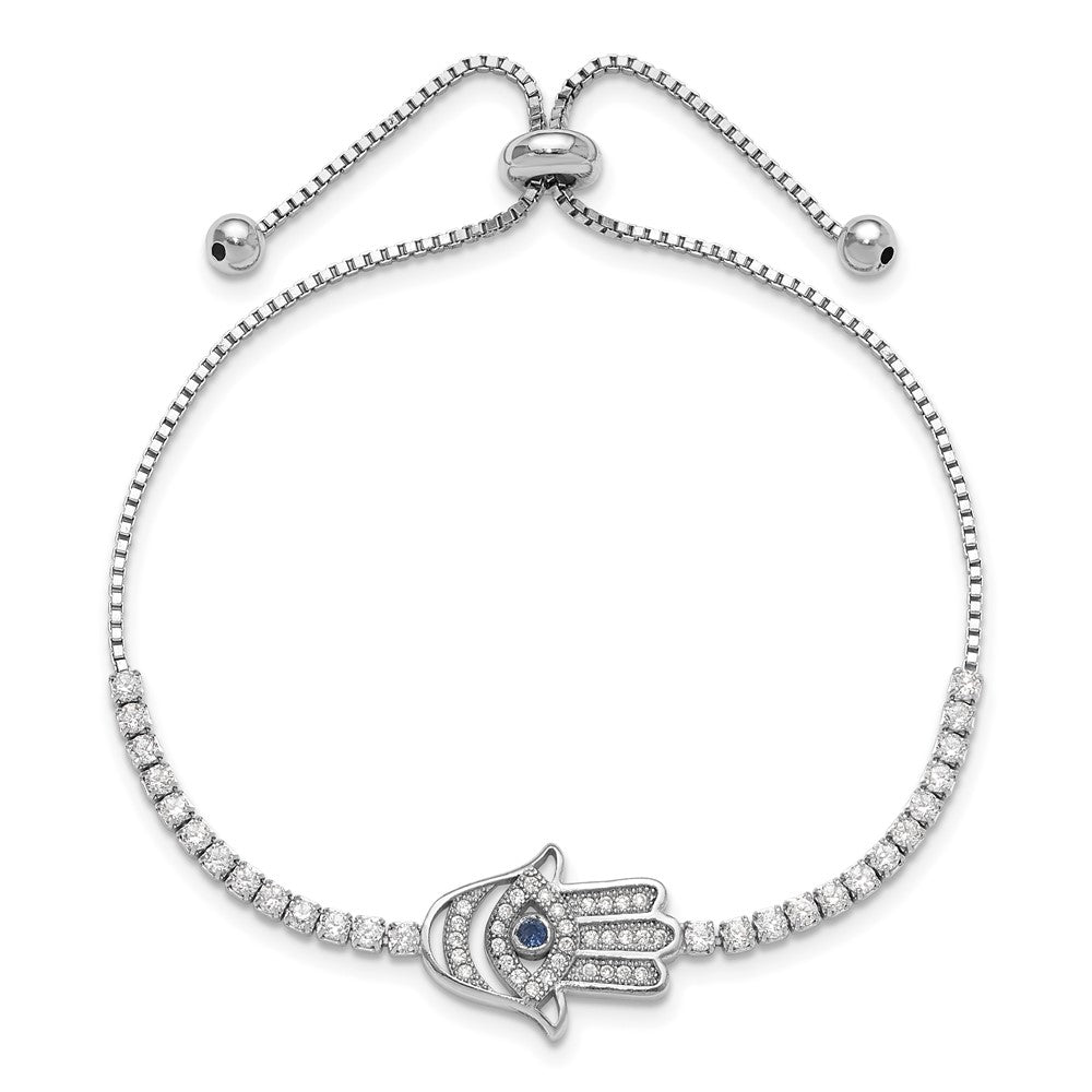 Sterling Silver Rh-plated Clear and Blue CZ Evil Eye Hamsa Adj Bracelet QG6390