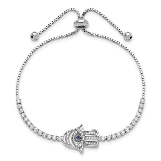 Sterling Silver Rh-plated Clear and Blue CZ Evil Eye Hamsa Adj Bracelet QG6390