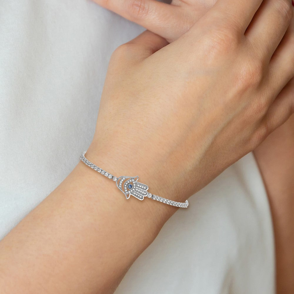 Sterling Silver Rh-plated Clear and Blue CZ Evil Eye Hamsa Adj Bracelet QG6390