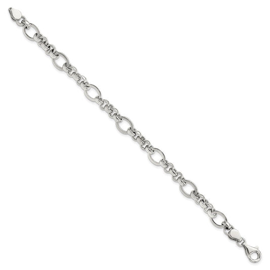 Sterling Silver Rhodium-plated Polished/Textured Fancy Link 7.5in Bracelet QG6396-7.5
