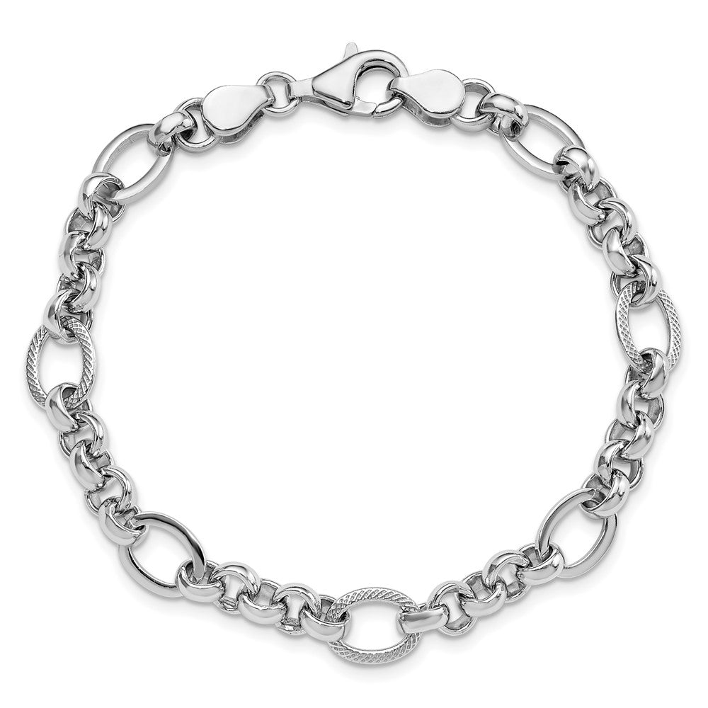 Sterling Silver Rhodium-plated Polished/Textured Fancy Link 7.5in Bracelet QG6396-7.5