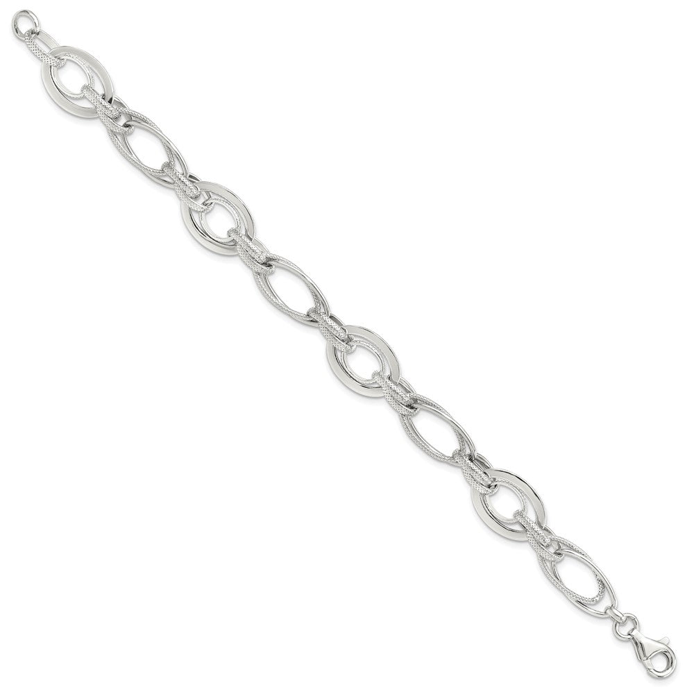 Sterling Silver Rhodium-plated Polished/Textured Link 7.5in Bracelet QG6397-7.5