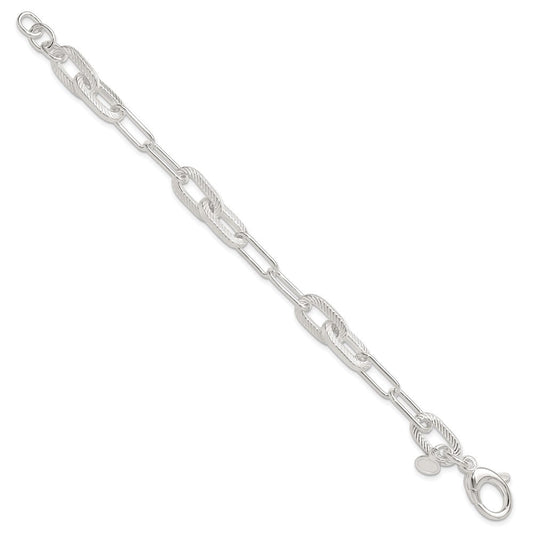 Sterling Silver Polished and Textured Paperclip Link Bracelet QG6398-7.5