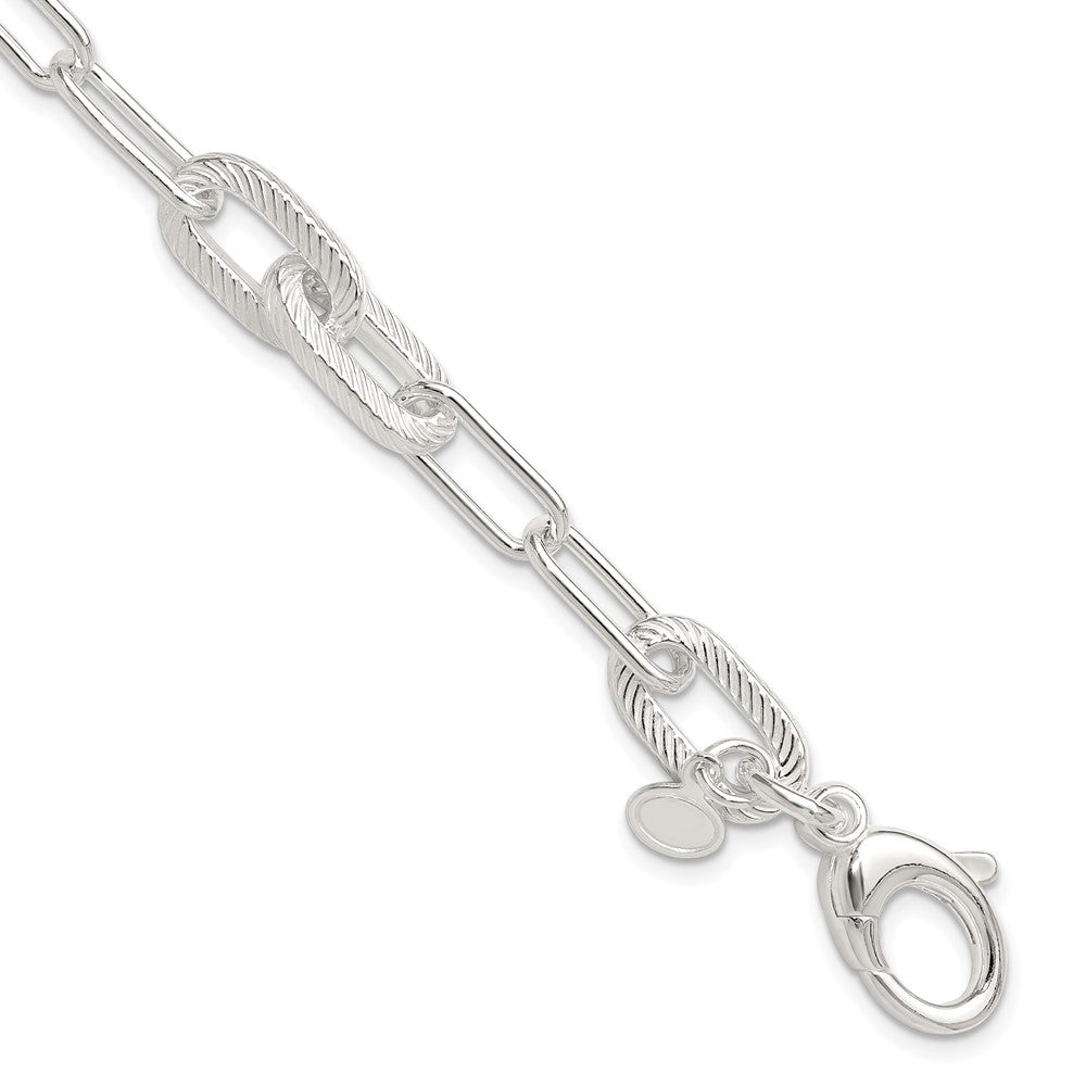 Sterling Silver Polished and Textured Paperclip Link Bracelet QG6398-7.5