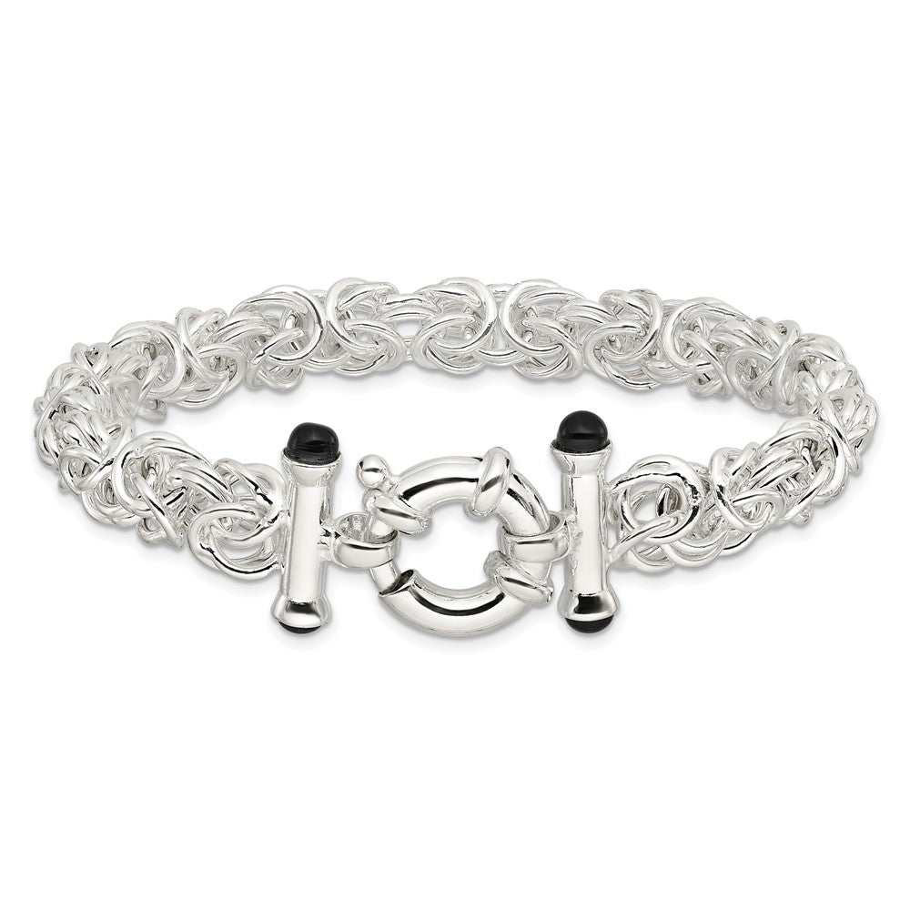 Sterling Silver Polished Black Onyx Rounded Byzantine Chain Bracelet QG6402-8
