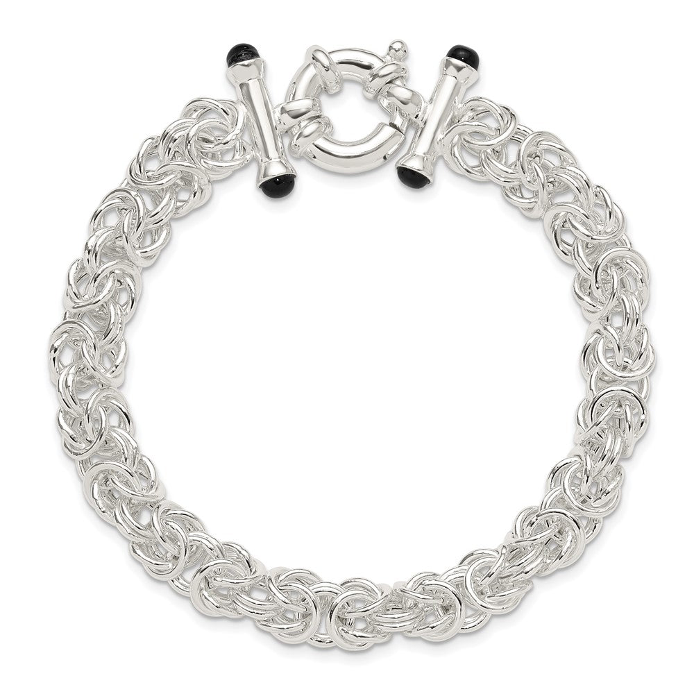 Sterling Silver Polished Black Onyx Rounded Byzantine Chain Bracelet QG6402-8