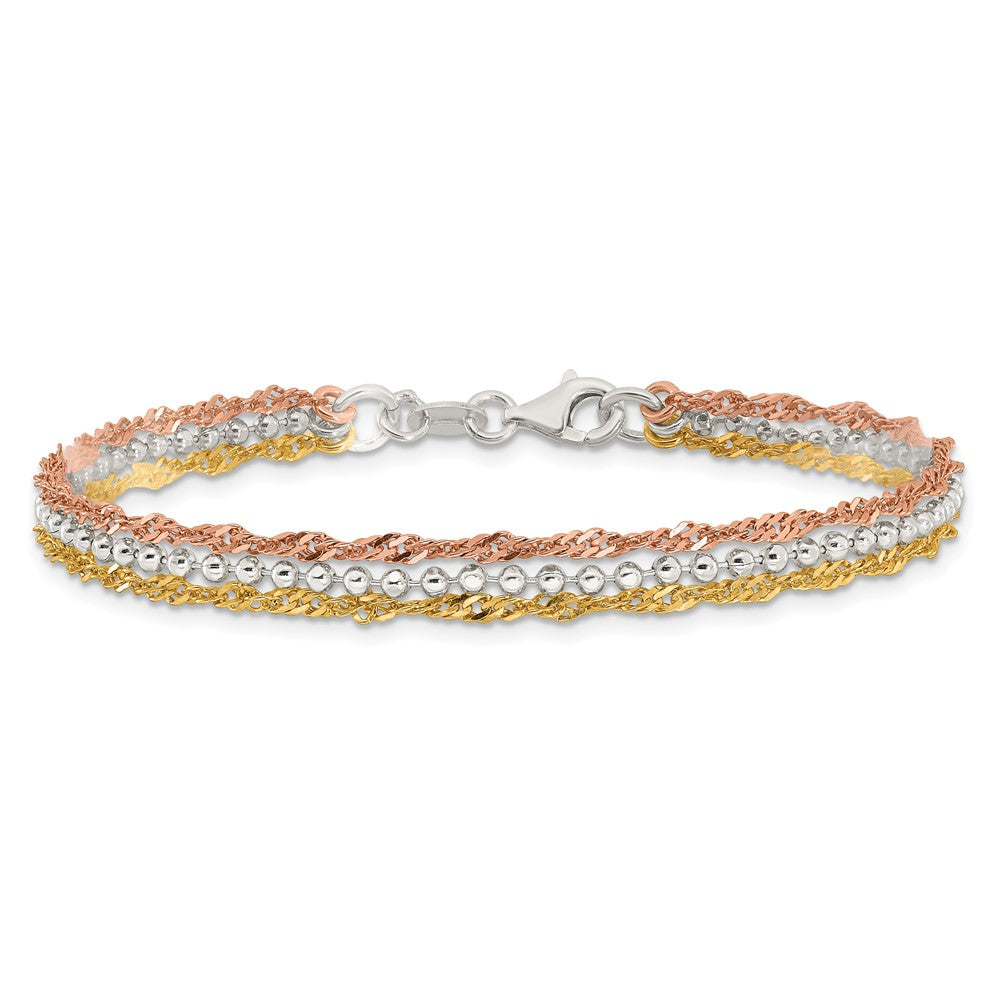 Sterling Silver Gold Tone and Rose Tone 3 Strand 7.5in Bracelet QG6412-7.5