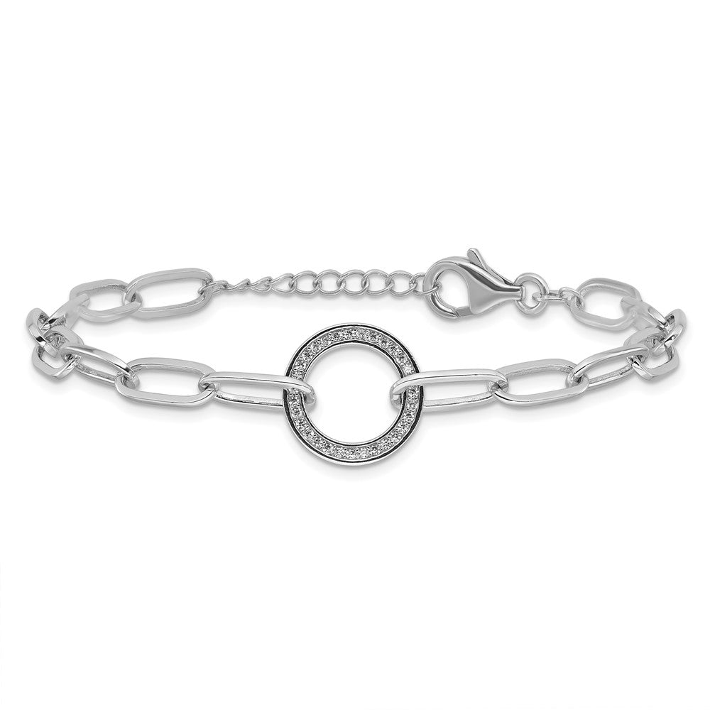 Sterling Silver Rhodium-plated Paperclip CZ Circle with 1in ext. Bracelet QG6447-7