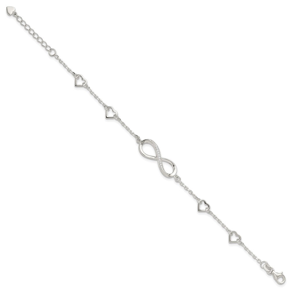 Sterling Silver Rhodium-plated CZ Infinity/Hearts 7in w/1in ext Bracelet QG6462-7