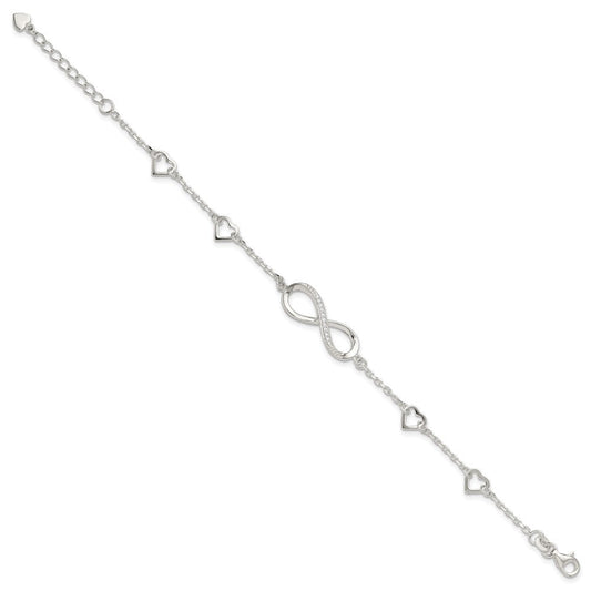Sterling Silver Rhodium-plated CZ Infinity/Hearts 7in w/1in ext Bracelet QG6462-7