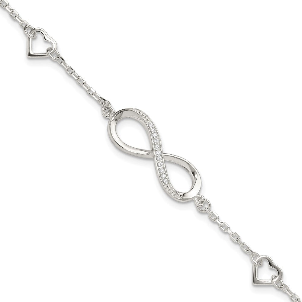 Sterling Silver Rhodium-plated CZ Infinity/Hearts 7in w/1in ext Bracelet QG6462-7