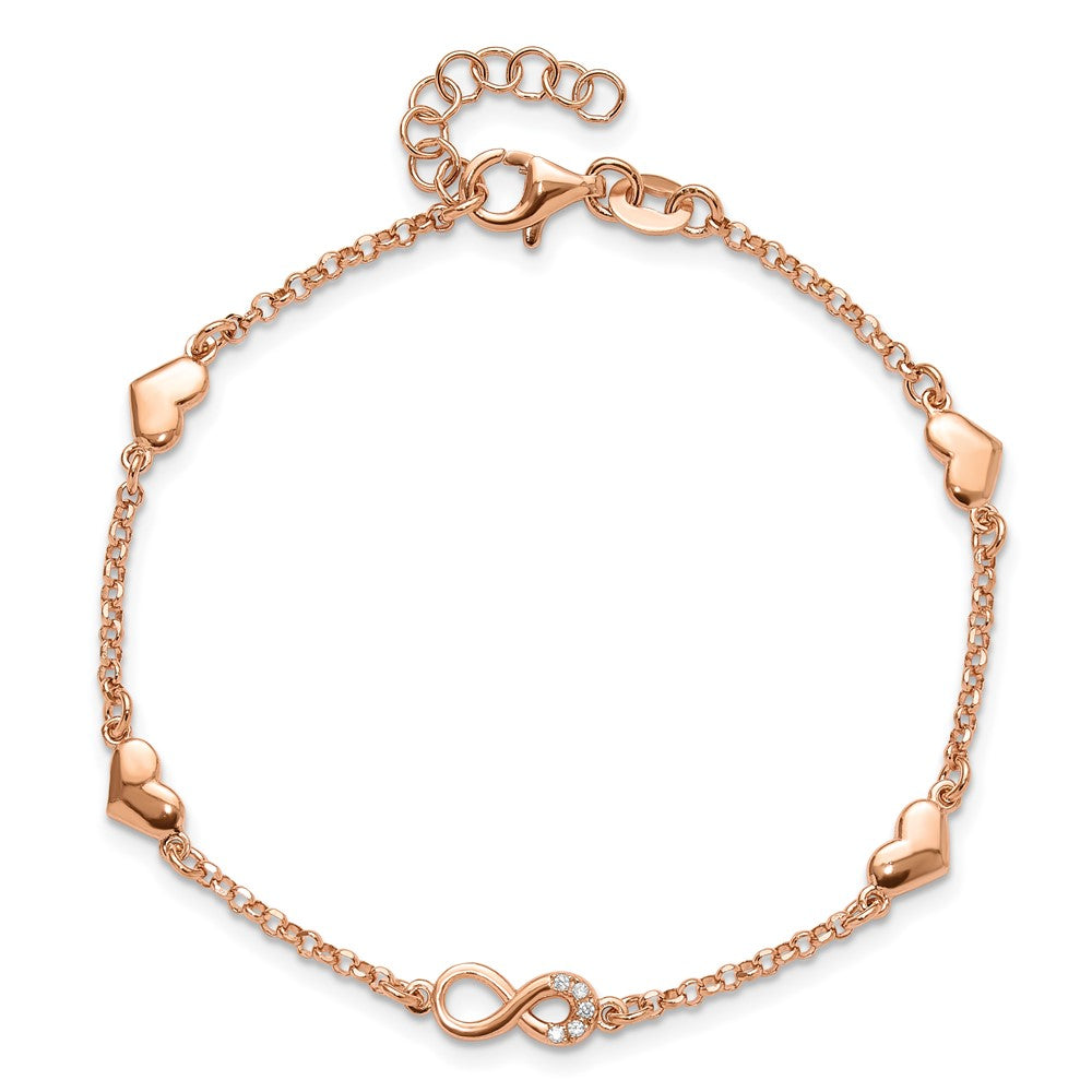 Sterling Silver Rose Gold-plated Heart CZ Infinity w/.5in ext. Bracelet QG6465RP-6.5