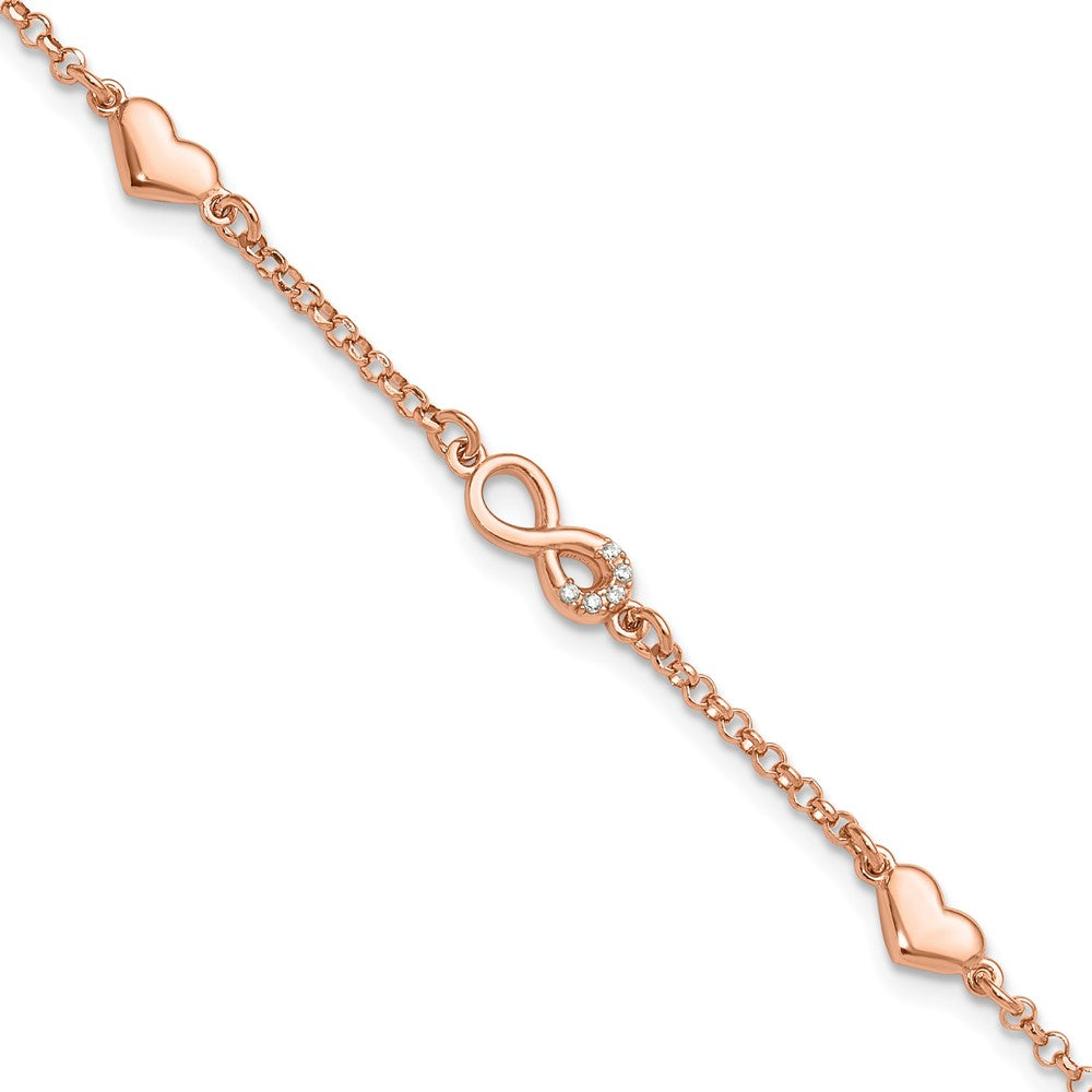 Sterling Silver Rose Gold-plated Heart CZ Infinity w/.5in ext. Bracelet QG6465RP-6.5