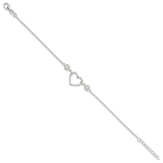 Sterling Silver Rhodium-plated Polished CZ Heart with 1in ext Bracelet QG6466-7