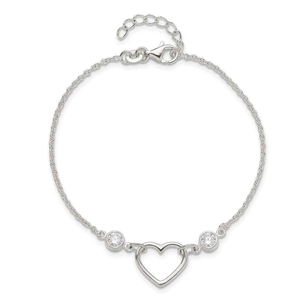 Sterling Silver Rhodium-plated Polished CZ Heart with 1in ext Bracelet QG6466-7