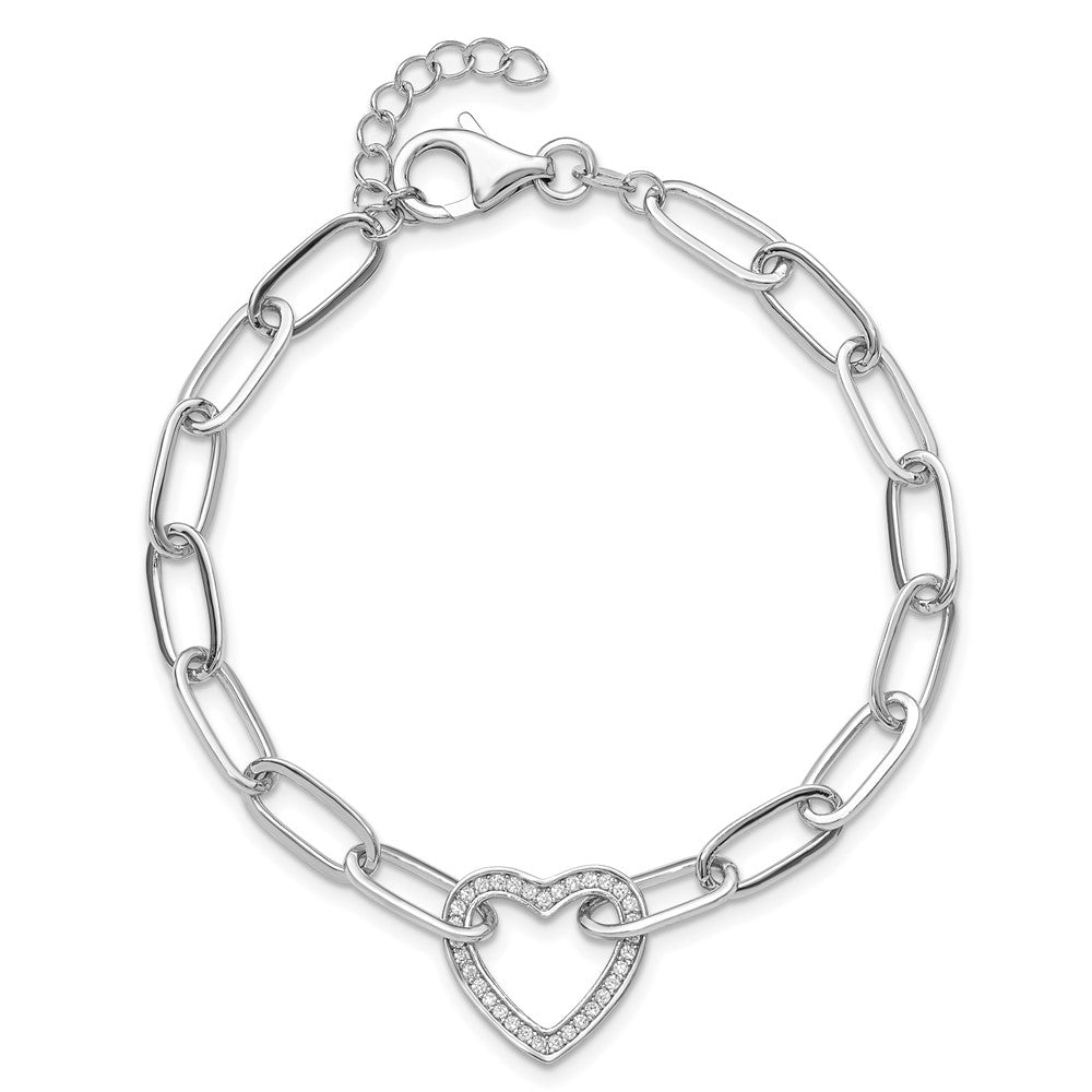 Sterling Silver Rhodium-plated Paperclip CZ Heart with 1in ext. Bracelet QG6468-7