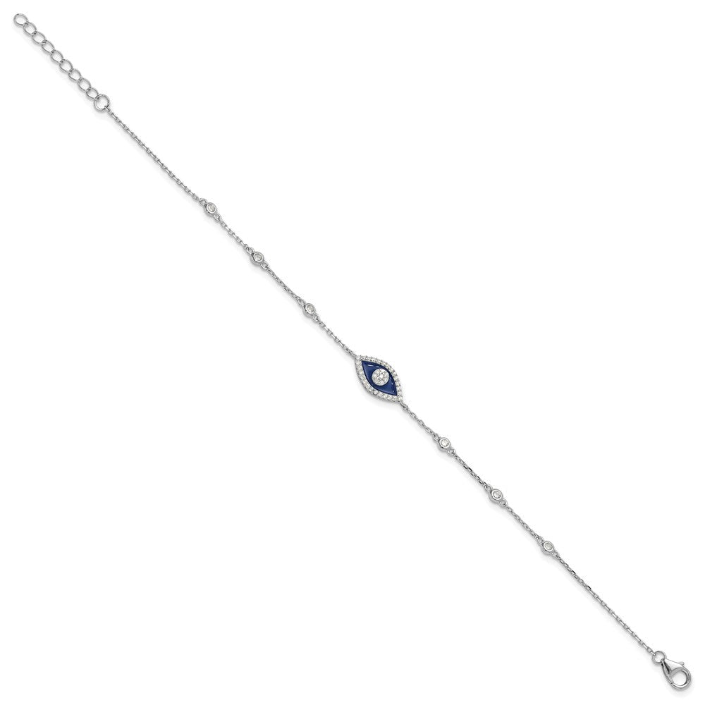Sterling Silver RH-plated CZ Enamel Evil Eye 7in w/1in ext. Bracelet QG6470-7