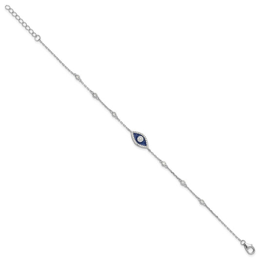 Sterling Silver RH-plated CZ Enamel Evil Eye 7in w/1in ext. Bracelet QG6470-7