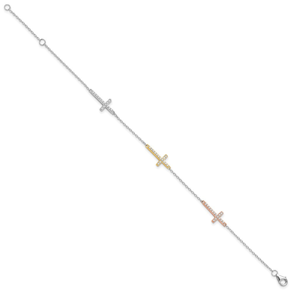 Sterling Silver Rhod-plated Gold/Rose-tone CZ Cross w/1in ext. Bracelet QG6471-7