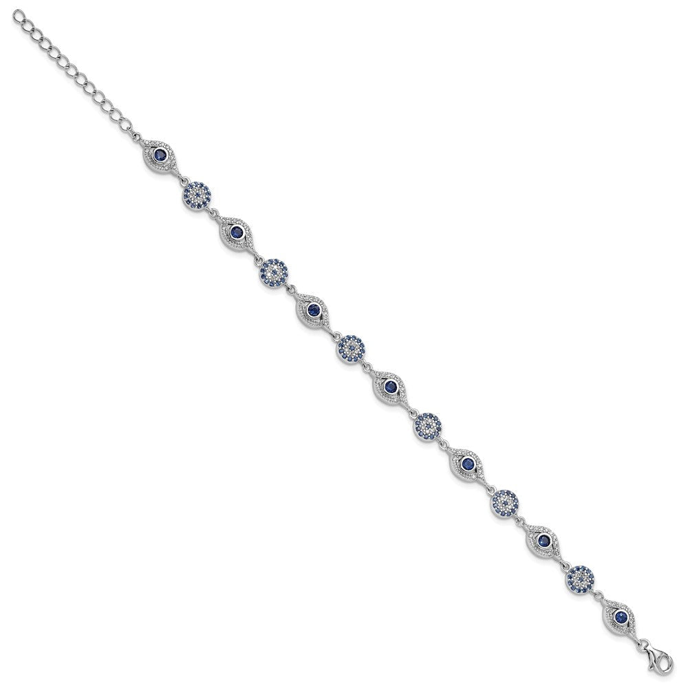 Sterling Silver RH-plated Blue White CZ Evil Eye 7.25in w/1.5in ext. Bracel QG6476-7.25