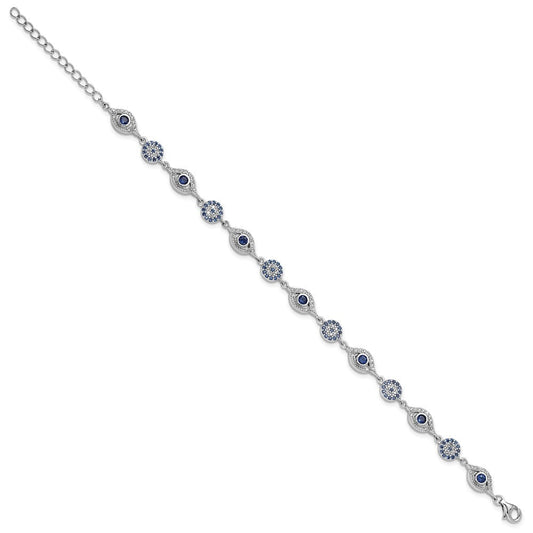 Sterling Silver RH-plated Blue White CZ Evil Eye 7.25in w/1.5in ext. Bracel QG6476-7.25