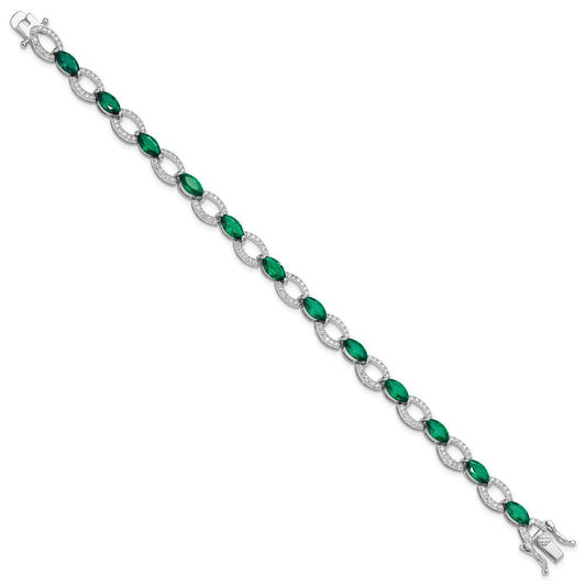 Sterling Silver Rhodium-plated White and Green CZ Link Bracelet QG6479-7