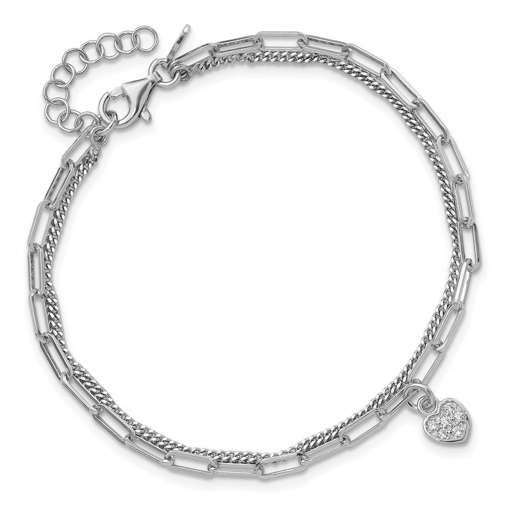 Sterling Silver Rhodium-plated CZ Heart 6.75in w/1in ext. Bracelet QG6494-6.75