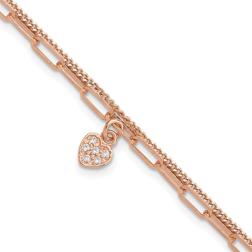 Sterling Silver Rose Gold-plated CZ Heart 6.75in w/1in ext. Bracelet QG6494RP-6.75