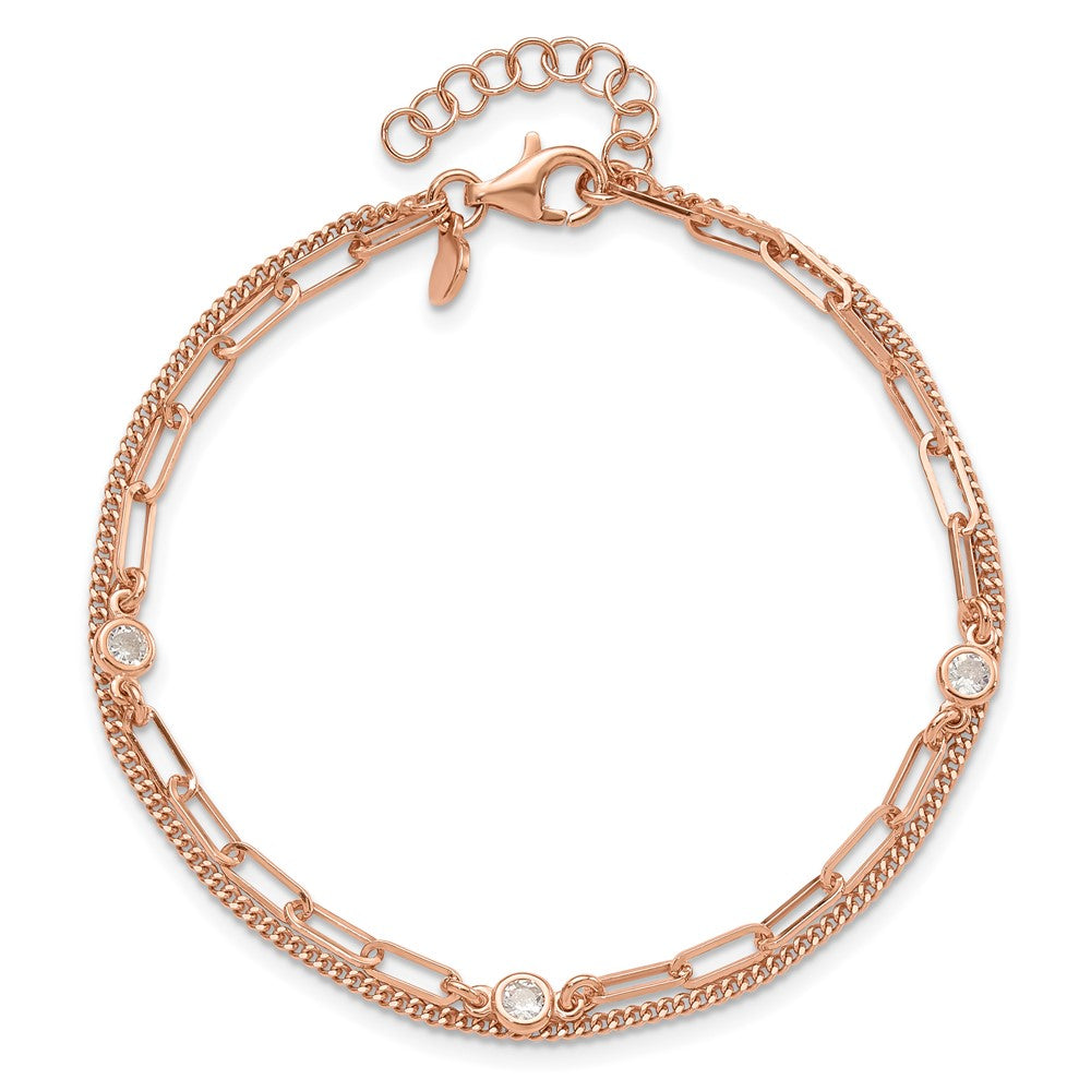 Sterling Silver Rose Gold-plated CZ 2 Strand 6.75in w/1in ext. Bracelet QG6495RP-6.75