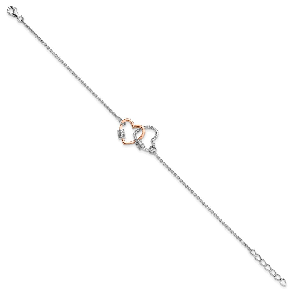 Sterling Silver Rh-plated Rose-tone Double Heart 7in w/1in ext Bracelet QG6547-7