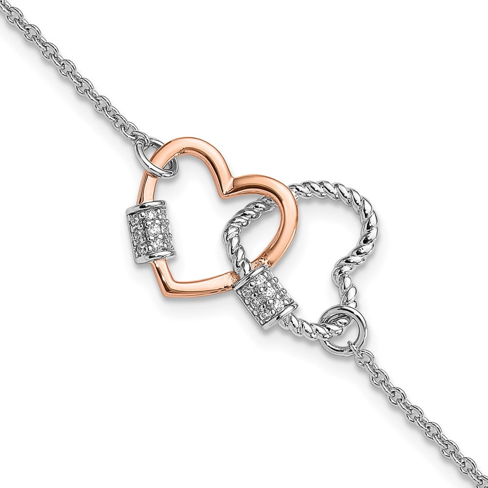 Sterling Silver Rh-plated Rose-tone Double Heart 7in w/1in ext Bracelet QG6547-7
