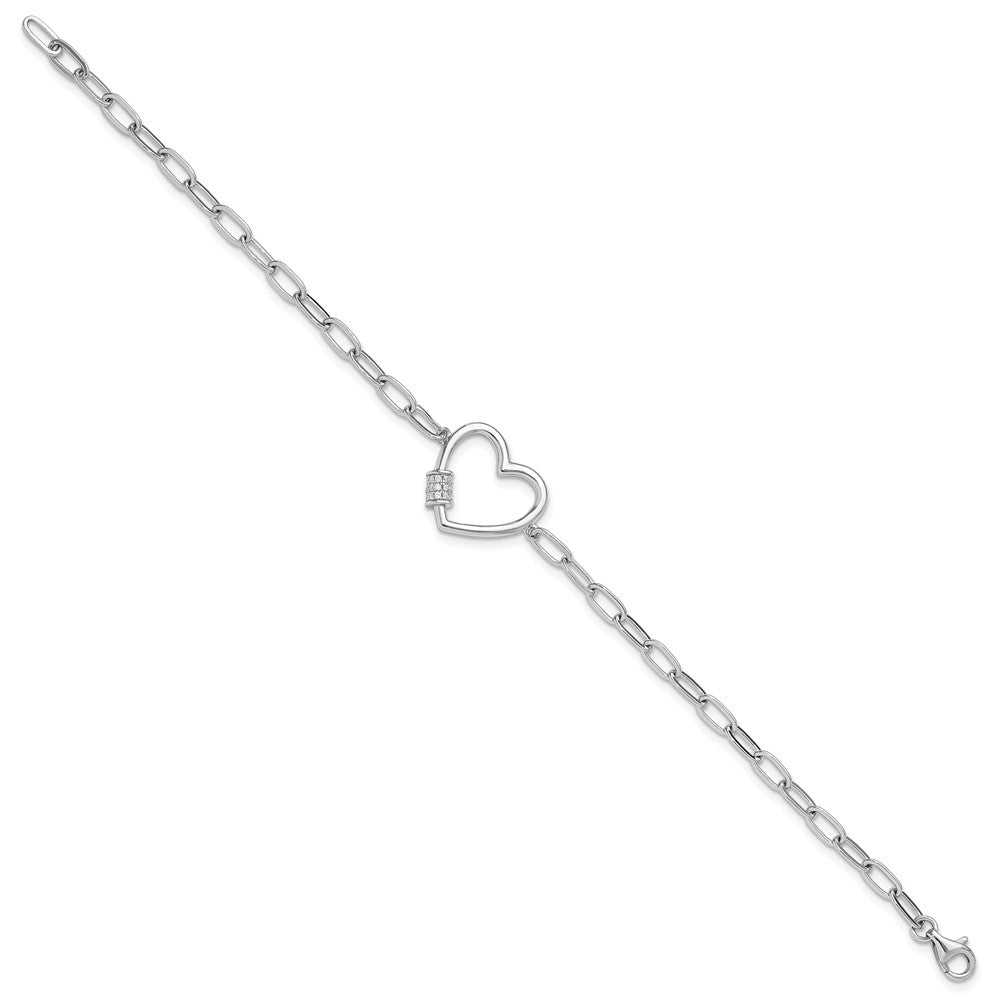 Sterling Silver Rhodium-plated with CZ Heart Paperclip Link 7.5in Bracelet QG6549-7.5