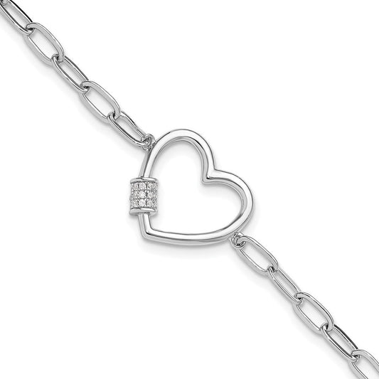 Sterling Silver Rhodium-plated with CZ Heart Paperclip Link 7.5in Bracelet QG6549-7.5