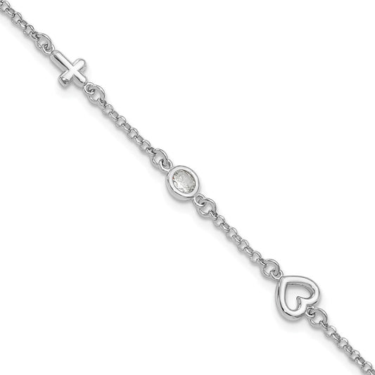 Sterling Silver RH-plated CZ Heart & Cross w/1in Ext. Children's Bracelet QG6733-5.5