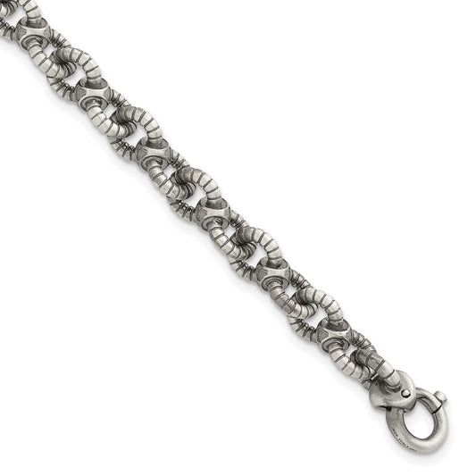 Sterling Silver Black Ruthenium-plated Brushed Fancy Textured Cable Link Mens 8.5 inch Bracelet QG6790-8.5