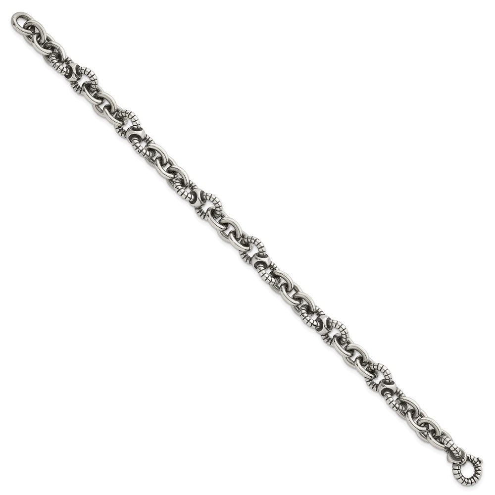 Sterling Silver Oxidized Polished and Textured Round Fancy Cable Link Mens 8.25 inch Bracelet QG6792-8.25