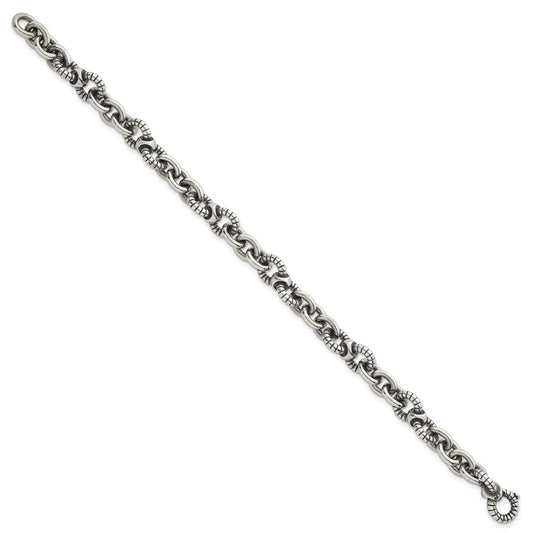 Sterling Silver Oxidized Polished and Textured Round Fancy Cable Link Mens 8.25 inch Bracelet QG6792-8.25