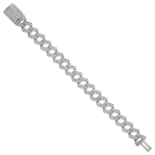 Sterling Silver Polished Fancy CZ Curb Link 8.5 Inch Mens Bracelet QG6797-8.5