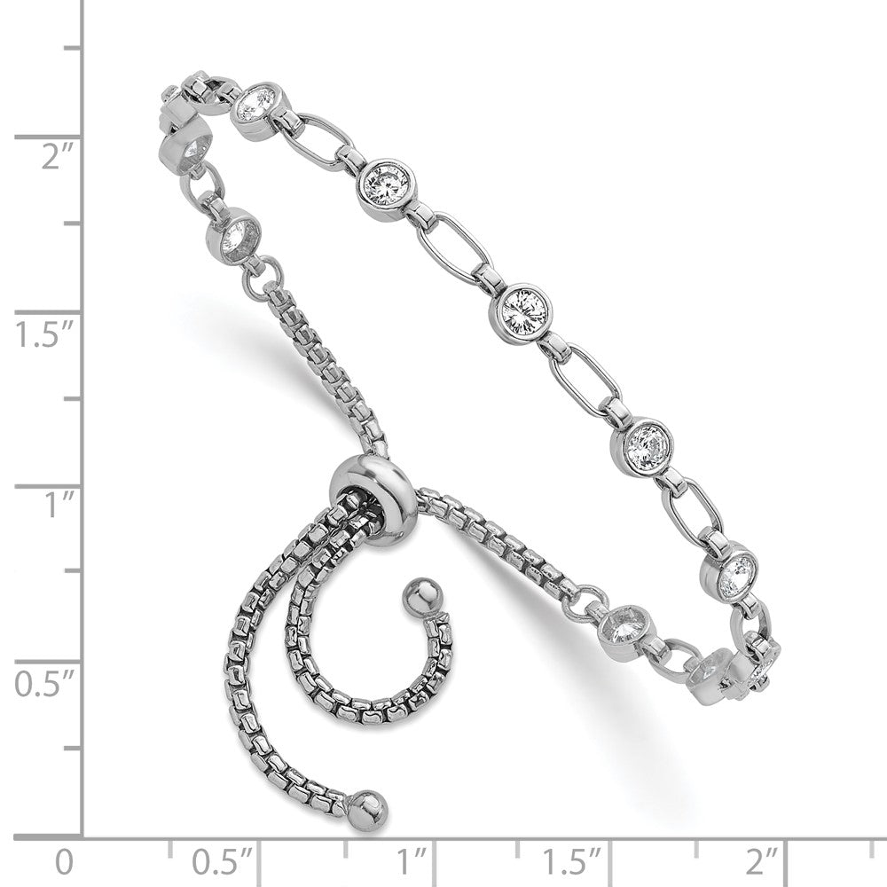 Sterling Silver Rhodium-plated Polished Round CZ and Rectangle Link Adjustable Bolo Bracelet QG6800