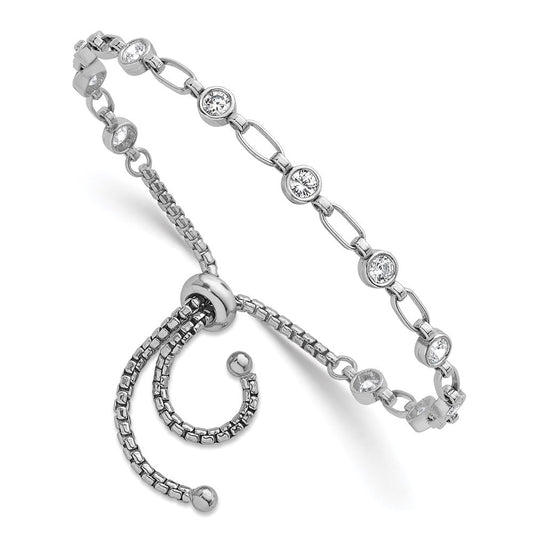 Sterling Silver Rhodium-plated Polished Round CZ and Rectangle Link Adjustable Bolo Bracelet QG6800