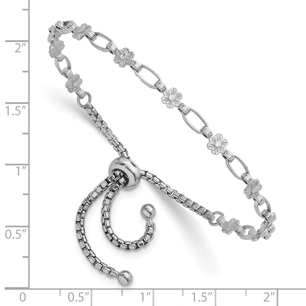 Sterling Silver Rhodium-plated Polished Flower and Rectangle Link Adjustable Bolo Bracelet QG6801